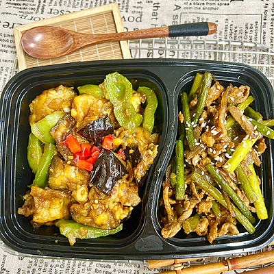 3069 蒜苔炒肉丝（ 微辣）+地三鲜（1000ml盒装）