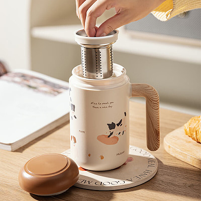 摩登主妇 快乐小狗茶水分离316不锈钢保温杯 米色 460ml