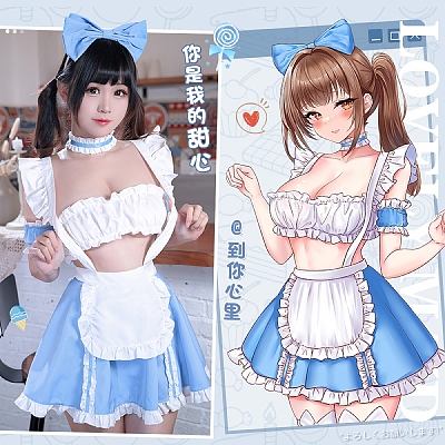 霏慕 褶皱花边抹胸甜心女仆装 165/88A 蓝&白色
