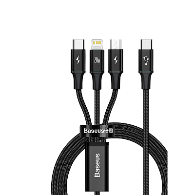 倍思 极速系列一拖三快充数据线 Type-C to M+L+C PD 20W 1.5m 黑色