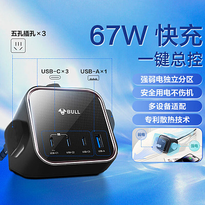 公牛 67W快充魔方USB 插座 3插位+3USB 总控1.5米 MS1673 黑色