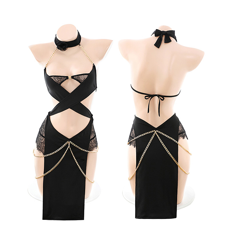 fermo-egyptian-catwoman-gold-chain-embellished-one-piece-dress-black-5