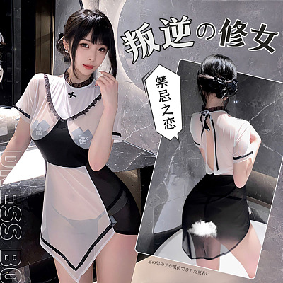 霏慕 叛逆修女露背 透视连衣裙 黑白