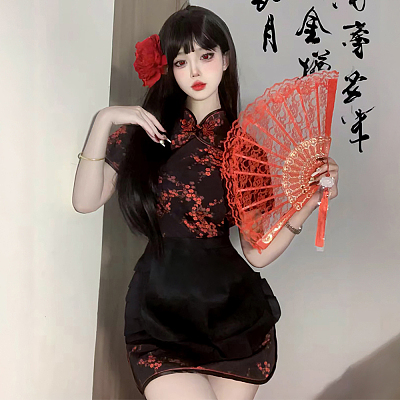霏慕 中华小厨娘cos印花旗袍 黑
