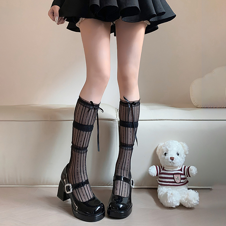 fermo-ribbon-bow-lace-mid-calf-socks-elegant-ballet-style-black-3