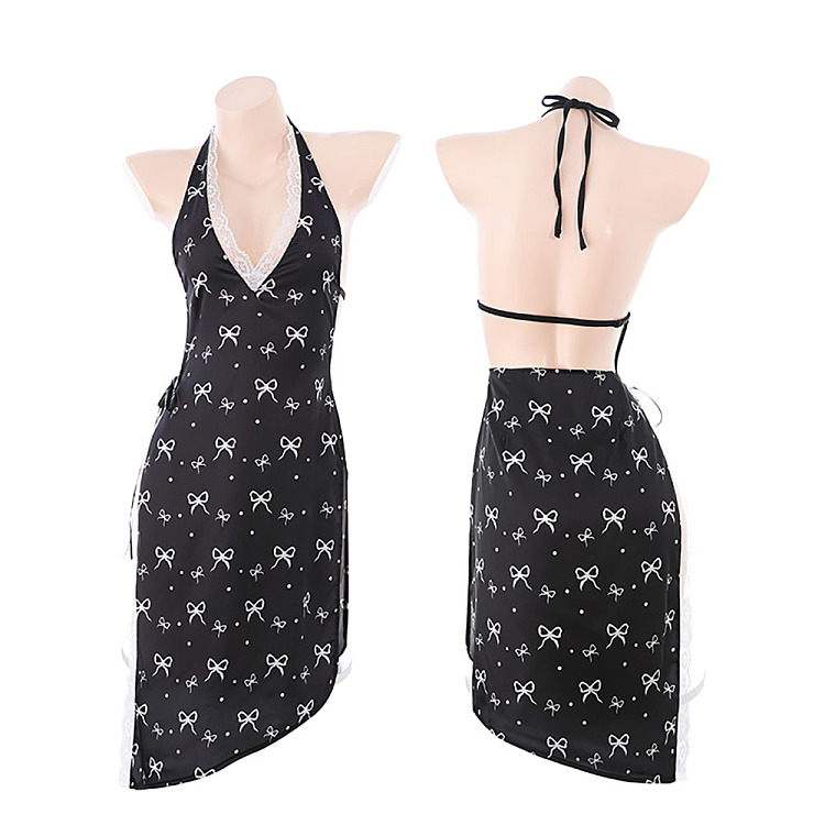fermo-side-slit-lace-up-bow-printed-dress-black-5
