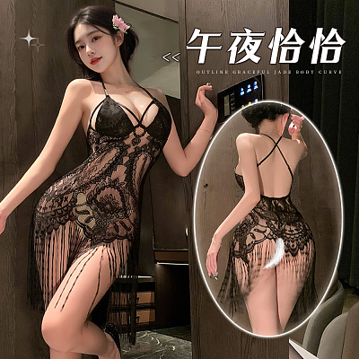 霏慕 午夜恰恰 流苏摆透视 睡裙  黑