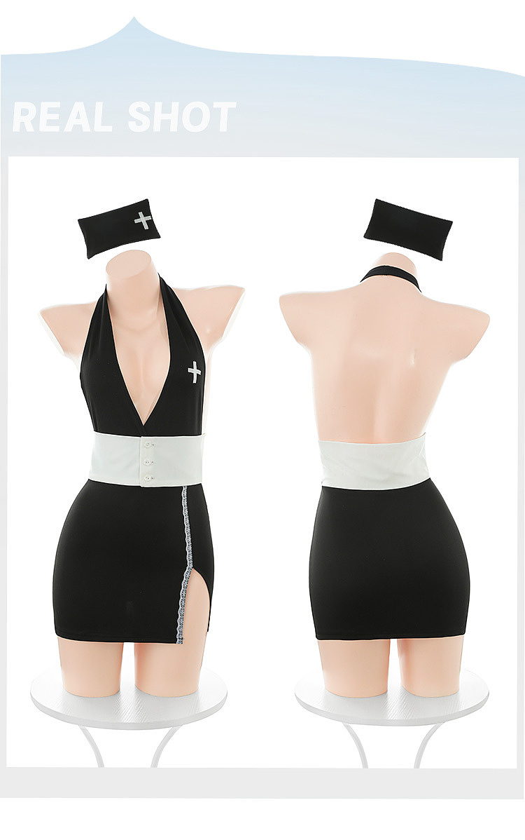 fermu-sweet-oxygen-nurse-deep-v-cleavage-dress-black-and-white-8