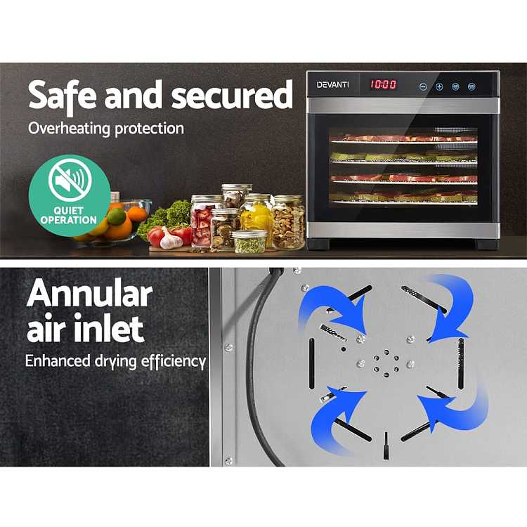 devanti-food-dehydrator-6-trays-intelligent-temperature-control-tray-removable-lcd-touch-screen-food-grade-ps-material-35-75-344531cm-500w-silver-2