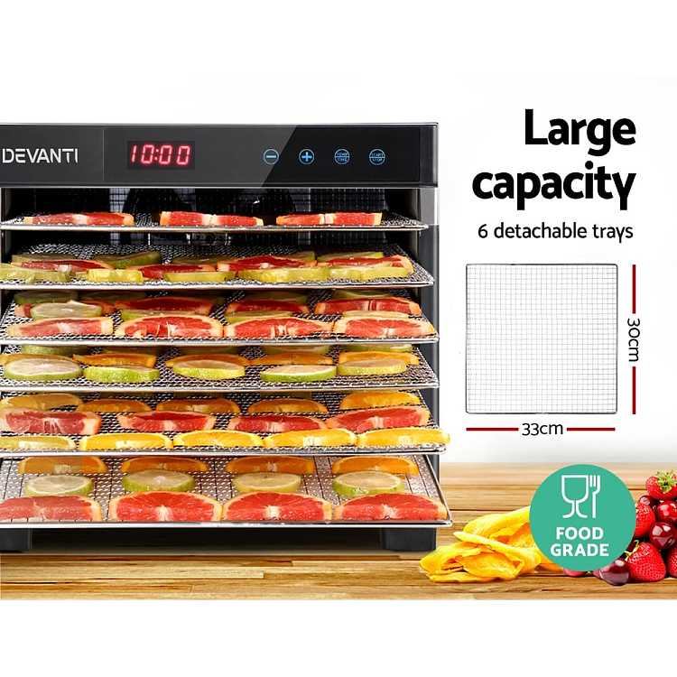 devanti-food-dehydrator-6-trays-intelligent-temperature-control-tray-removable-lcd-touch-screen-food-grade-ps-material-35-75-344531cm-500w-silver-3