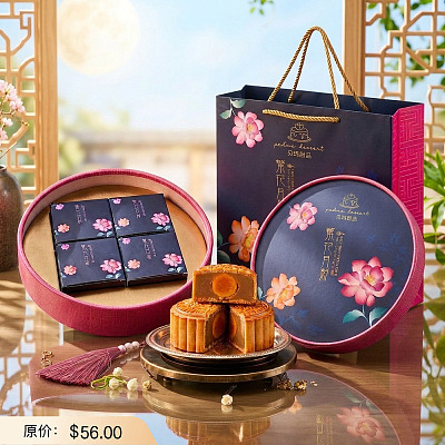 贝玛甜品 繁花月影蛋黄白莲蓉月饼礼盒 含礼袋 4粒